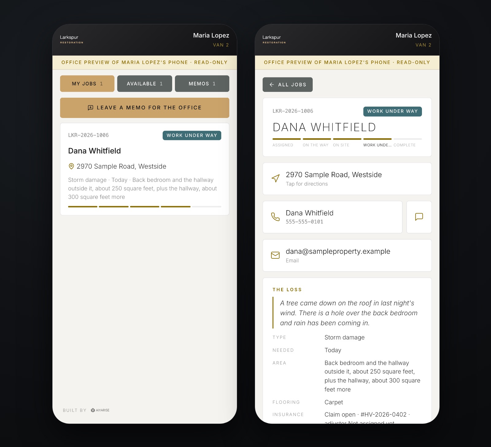 The crew app on two phones: the job list, and one job open with its stages, address, contact and the loss in the caller’s words