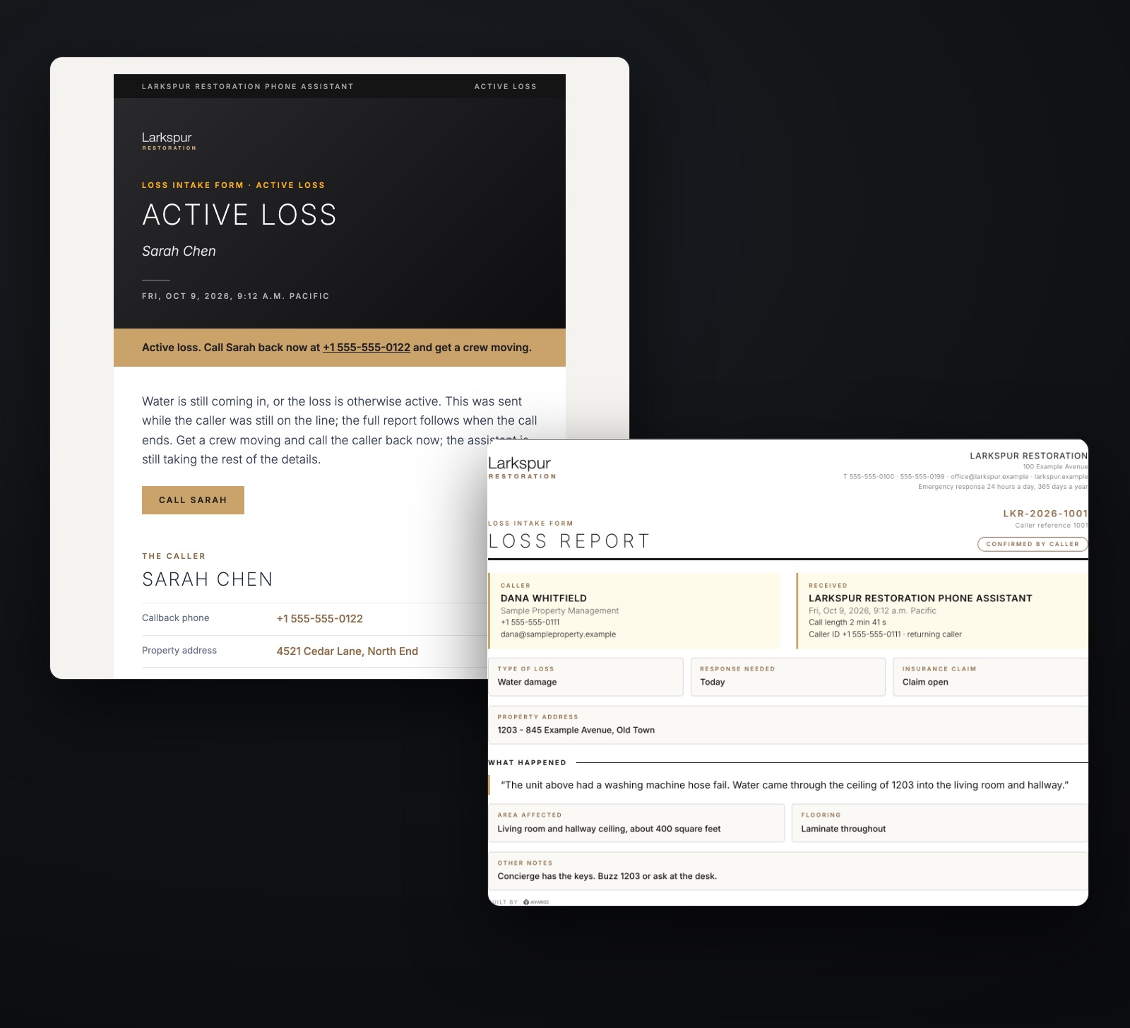 An active loss alert email beside the loss intake form
