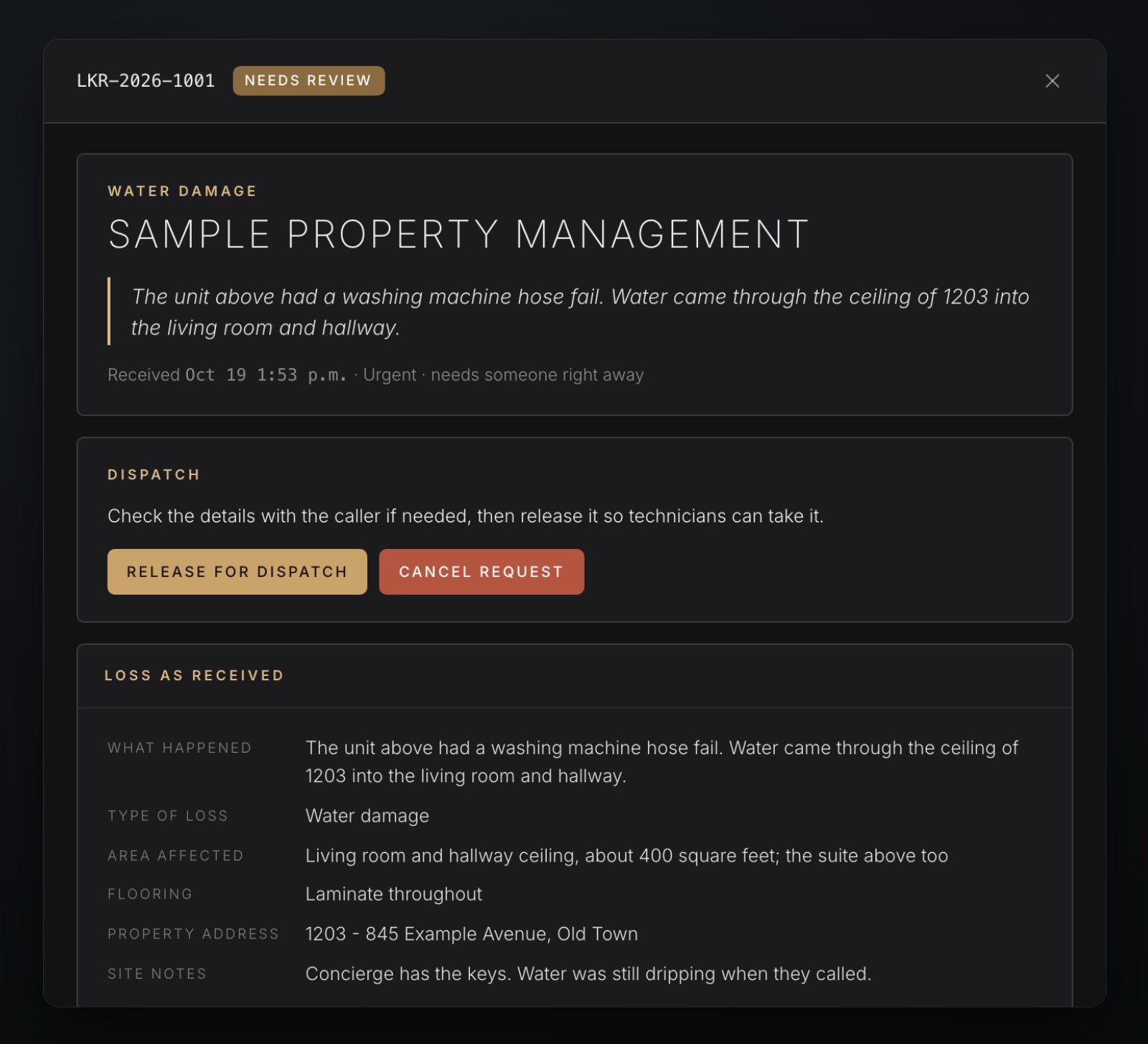 A job record: the caller’s words, a Release for dispatch button and the loss as received